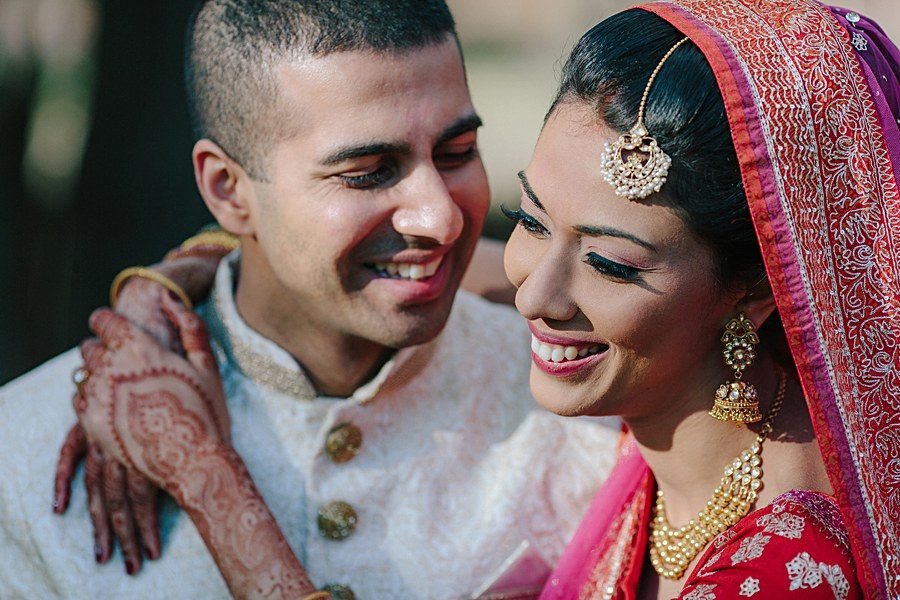 Happy Bride and Groom Wedding Portrait with traditional Indian Outfits